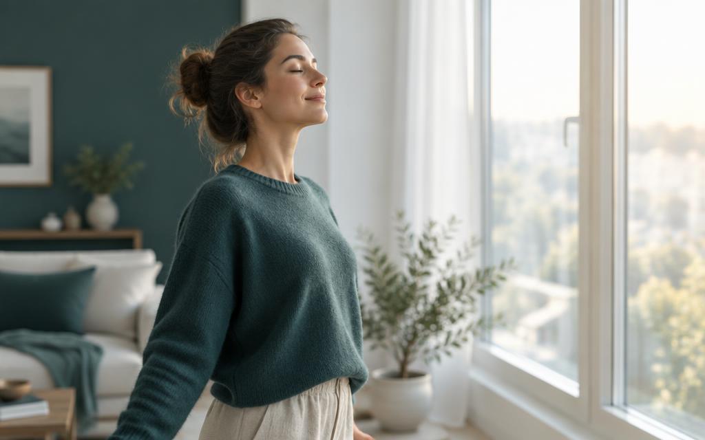 Frau atmet ruhig am hellen Fenster